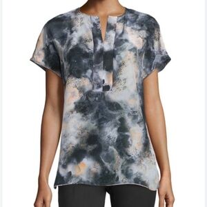 Lafayette 148 New York Lula Silk Printed Caftan Neck Blouse Black Multi Sz L